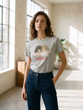 Fiorucci Grey Tee with Vintage Cherub Angel Graphic